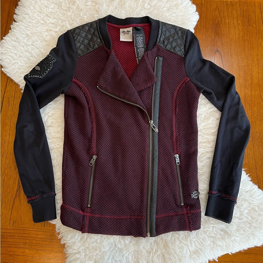 Harley-Davidson Motorcycle Biker Jacket Red Black Knit with Faux Leather Size S